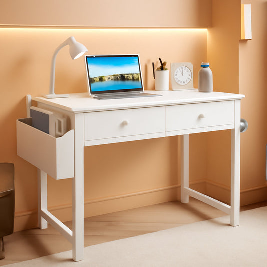 Small White Desk with Drawers - for Bedroom, 32 Inch Home Office Computer Desk with Fabric Storage Drawer and Bag, Study Writing Table for Small Spaces, White-0