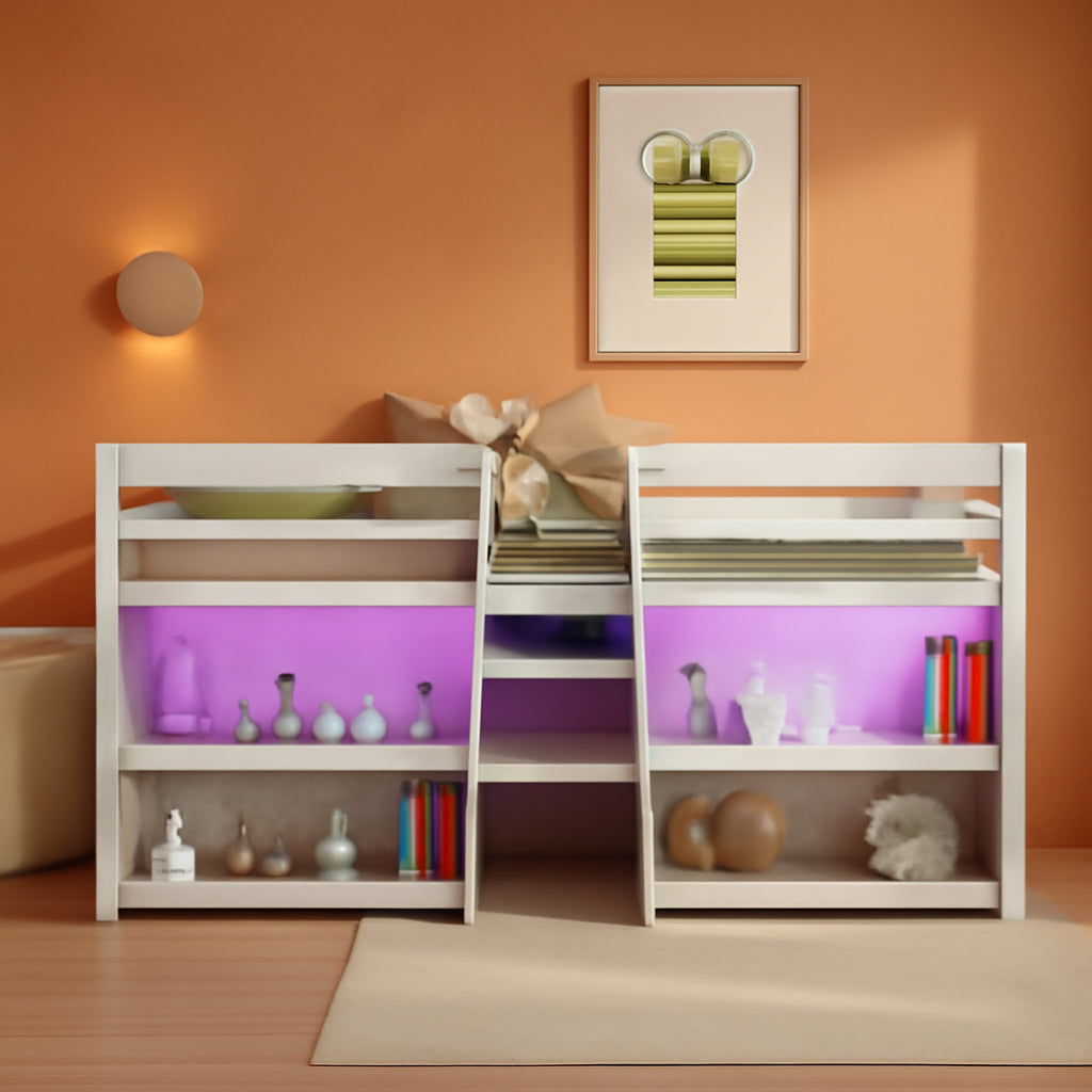White Twin Low Loft Bed with LED & Stairs-0