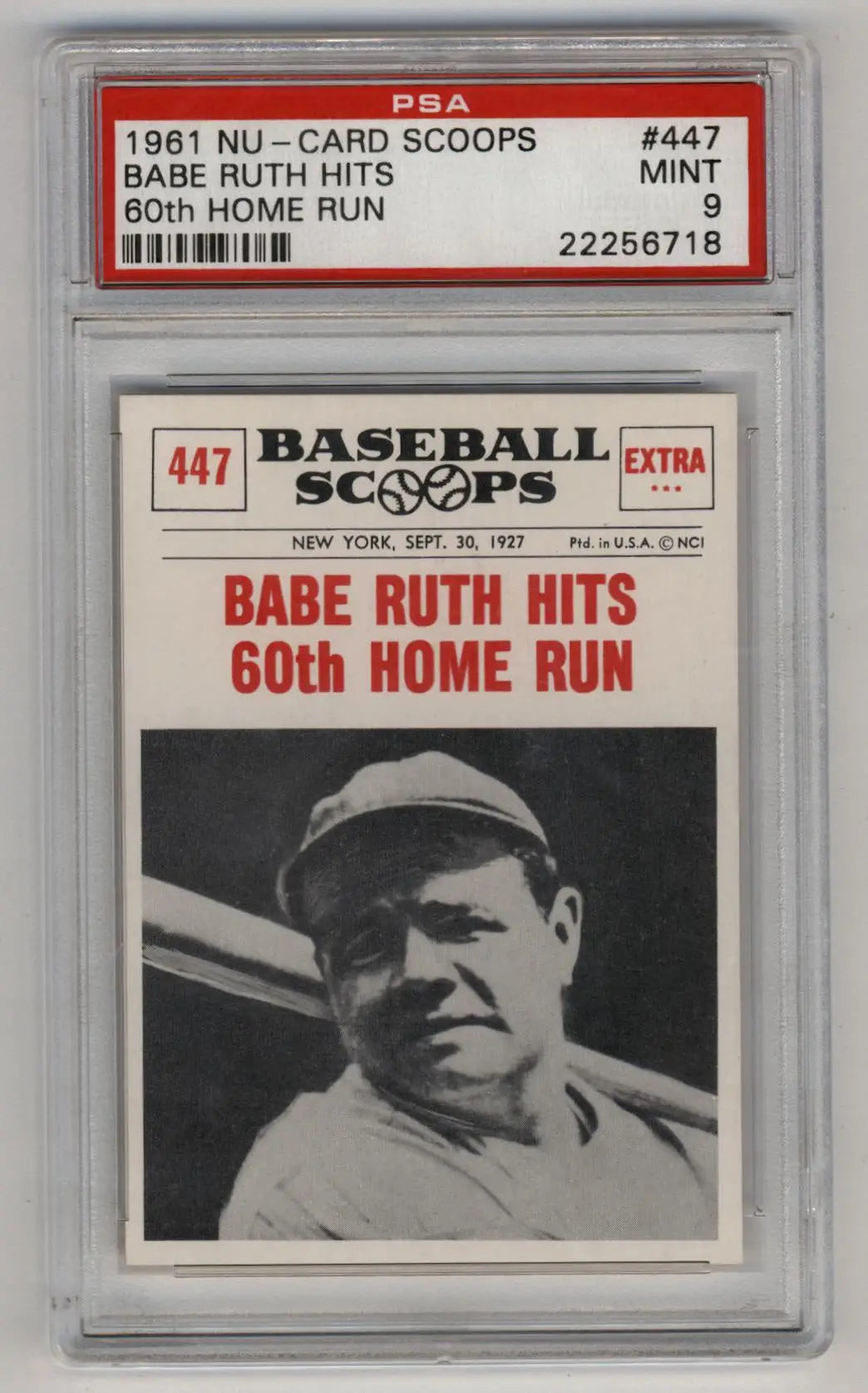 Graded 1961 Nu-Card Scoops Babe Ruth baseball card celebrating 60th home run PSA 9