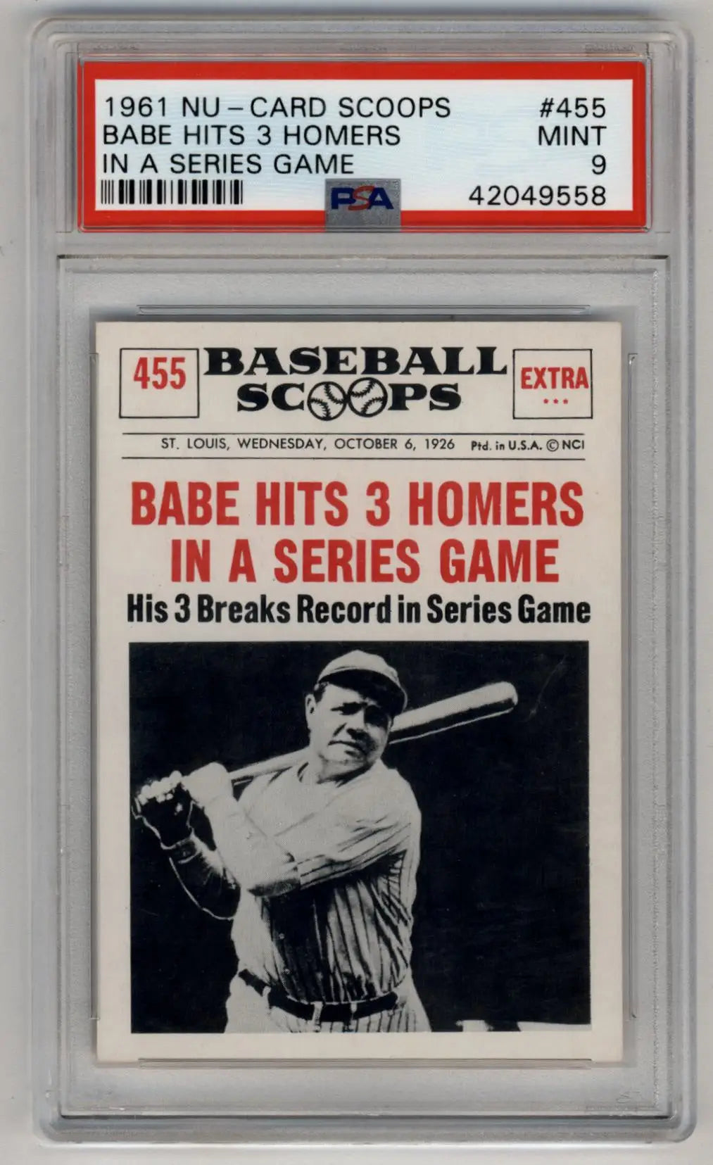 Babe Ruth 1961 Nu-Card Scoops #455 In A Series Game PSA 9 Mint 9558 - Singles