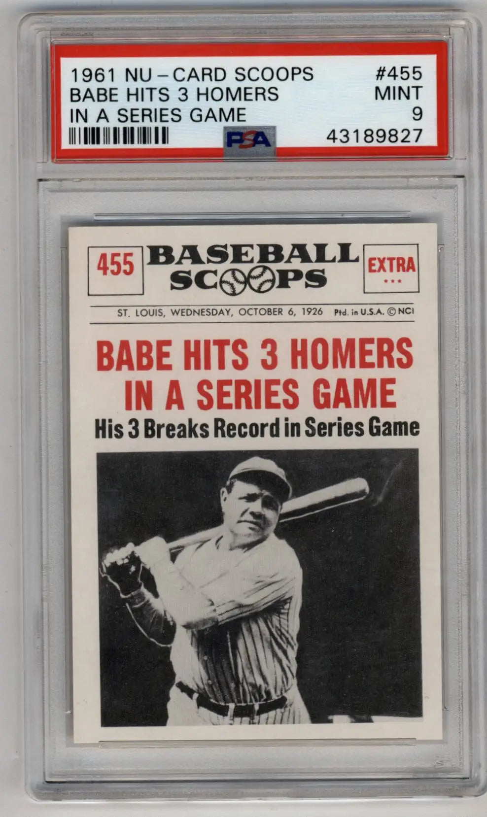 Babe Ruth 1961 Nu-Card Scoops #455 In A Series Game PSA 9 Mint 9827 - Singles