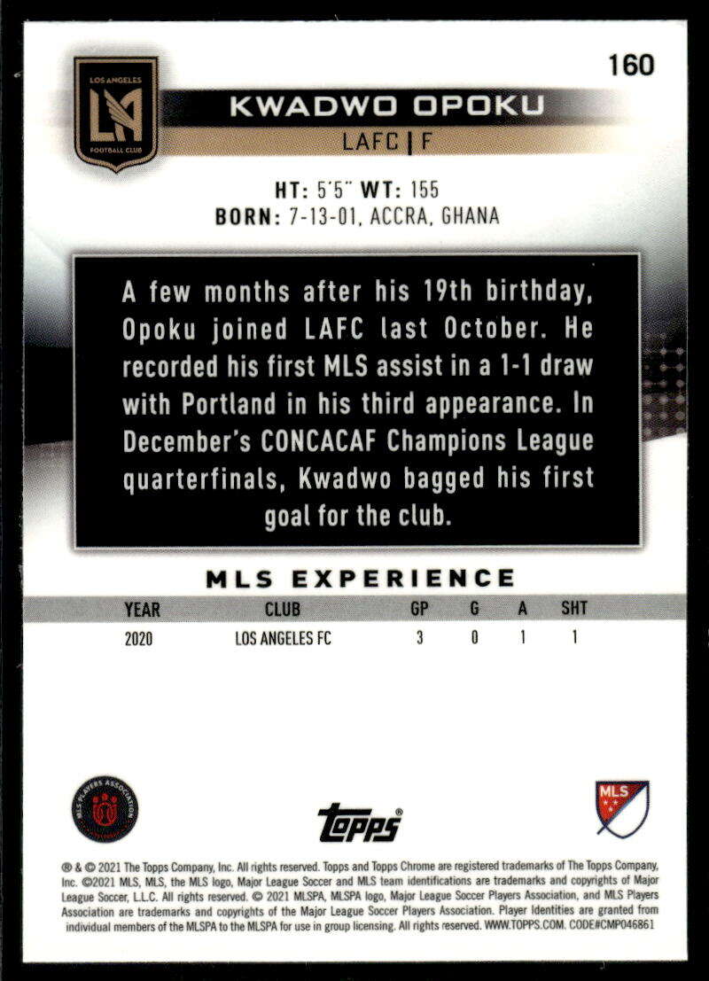 2021 Topps Chrome MLS #160 Kwadwo Opoku NM-MT LAFC RC Soccer Card