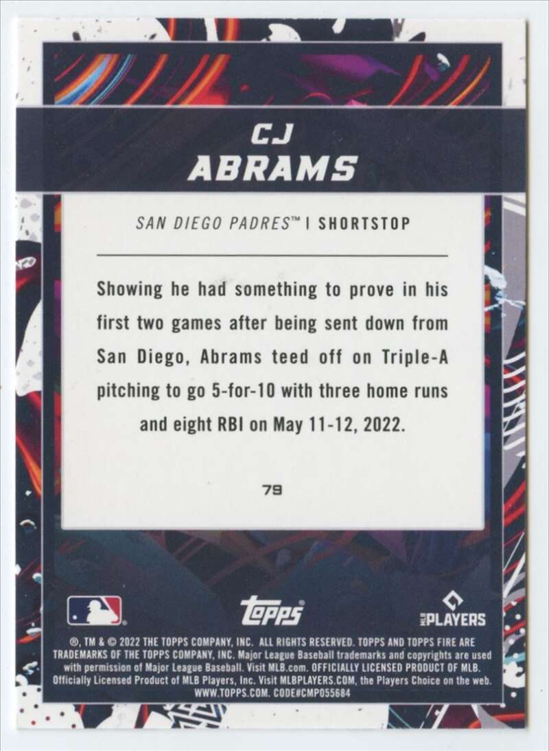 2022 Topps Fire #79 CJ Abrams NM-MT RC Rookie San Diego Padres Baseball Card Image 2