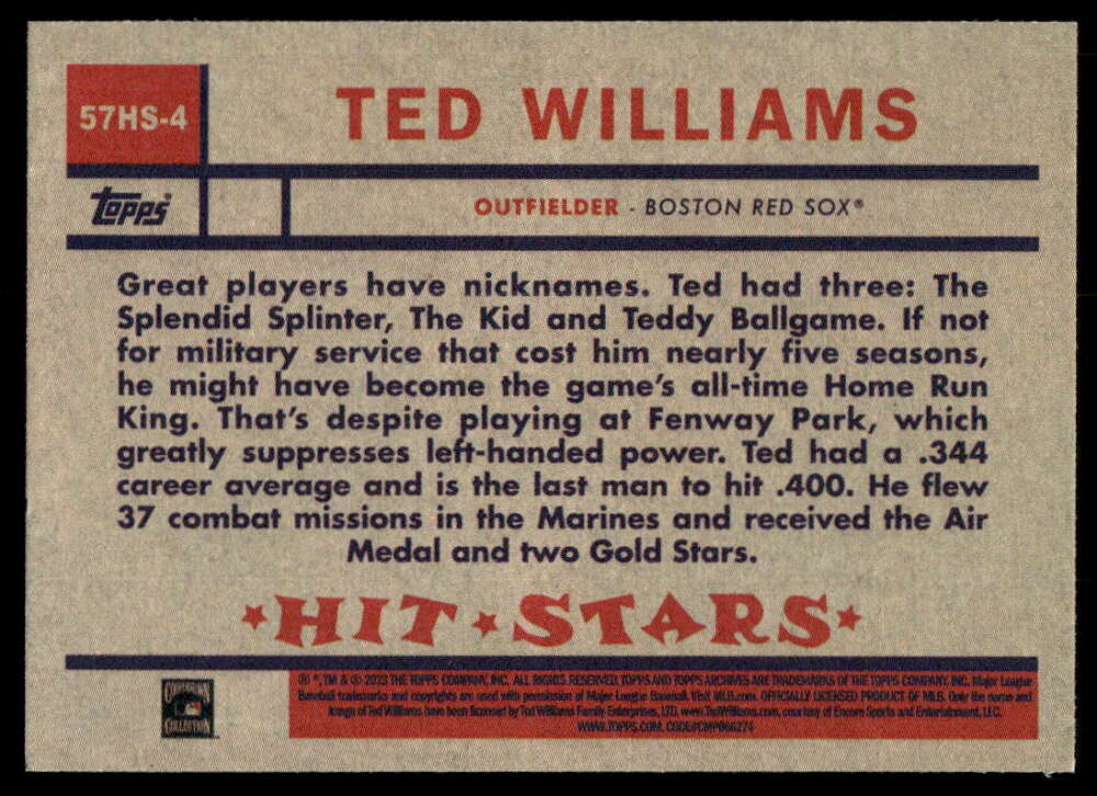 2023 Topps Archives 1957 Hit Stars #57HS-4 Ted Williams NM-MT Boston Red Sox Baseball Card Image 2