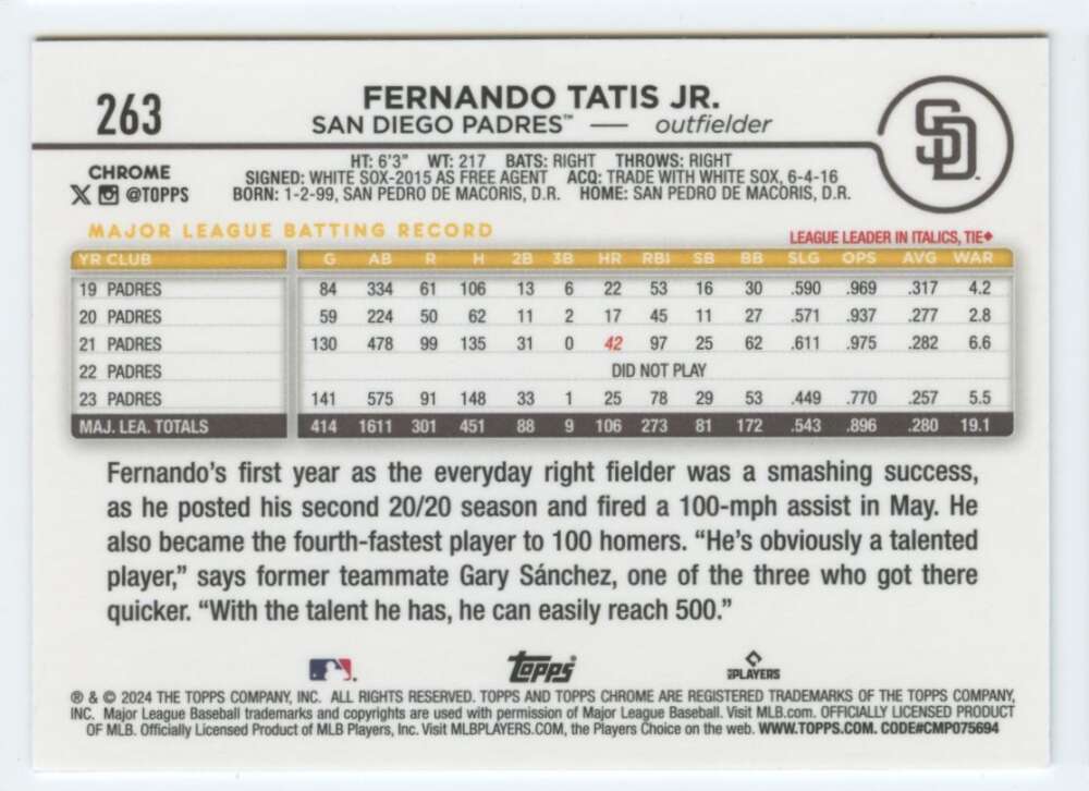 2024 Topps Chrome #263 Fernando Tatis Jr. NM-MT San Diego Padres Baseball Card Image 2