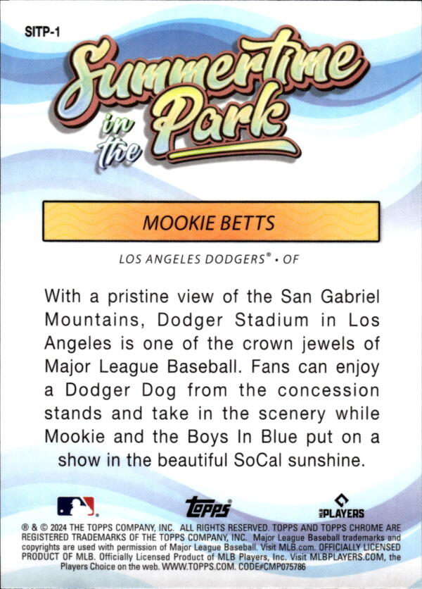 2024 Topps Chrome Summertime in the Park Refractor #SITP-1 Mookie Betts NM-MT Los Angeles Dodgers Baseball Card Image 2