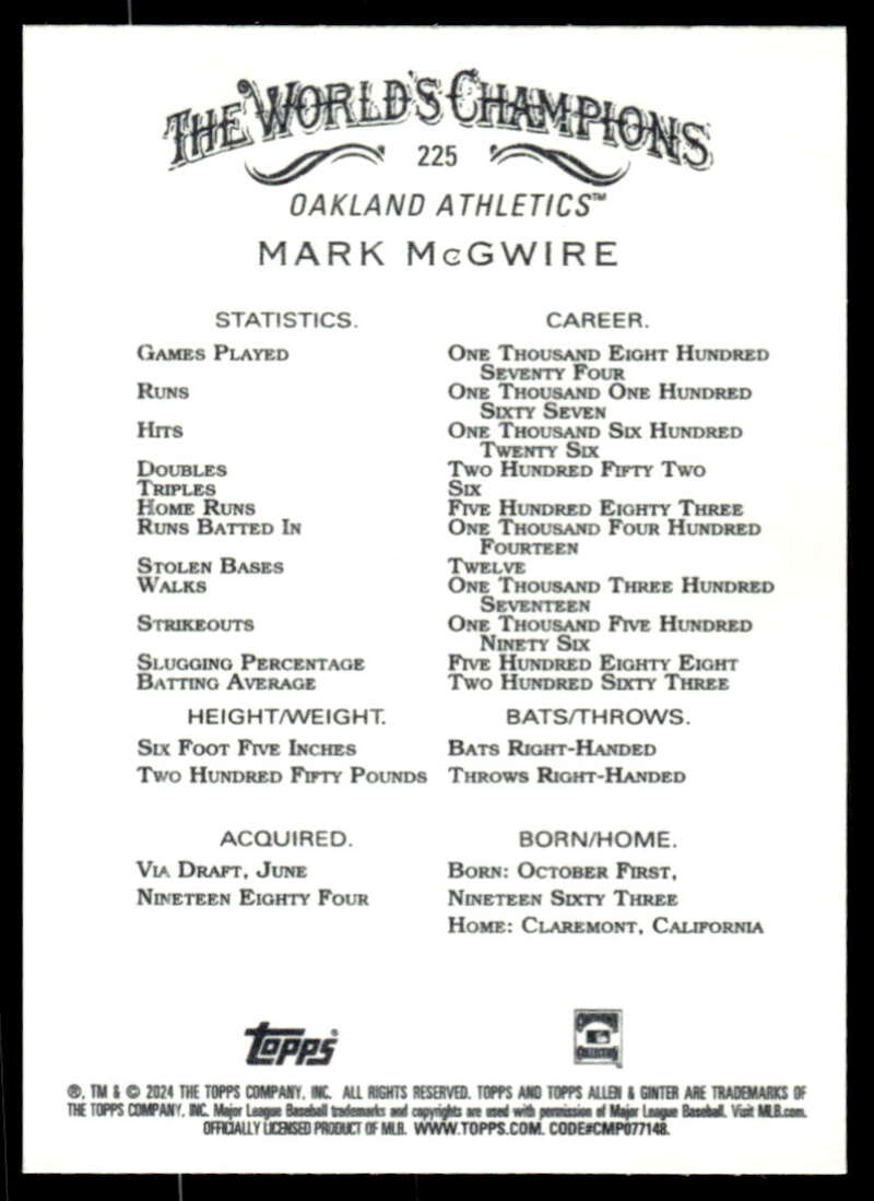 2024 Allen & Ginter #225 Mark McGwire NM-MT Oakland Athletics Baseball Card Image 2