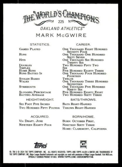 2024 Allen & Ginter #225 Mark McGwire NM-MT Oakland Athletics Baseball Card Image 2