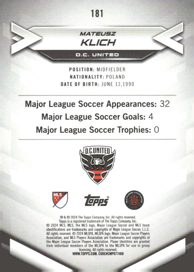 2024 Topps MLS Superstars #181 Mateusz Klich NM-MT D.C. United Soccer Card
