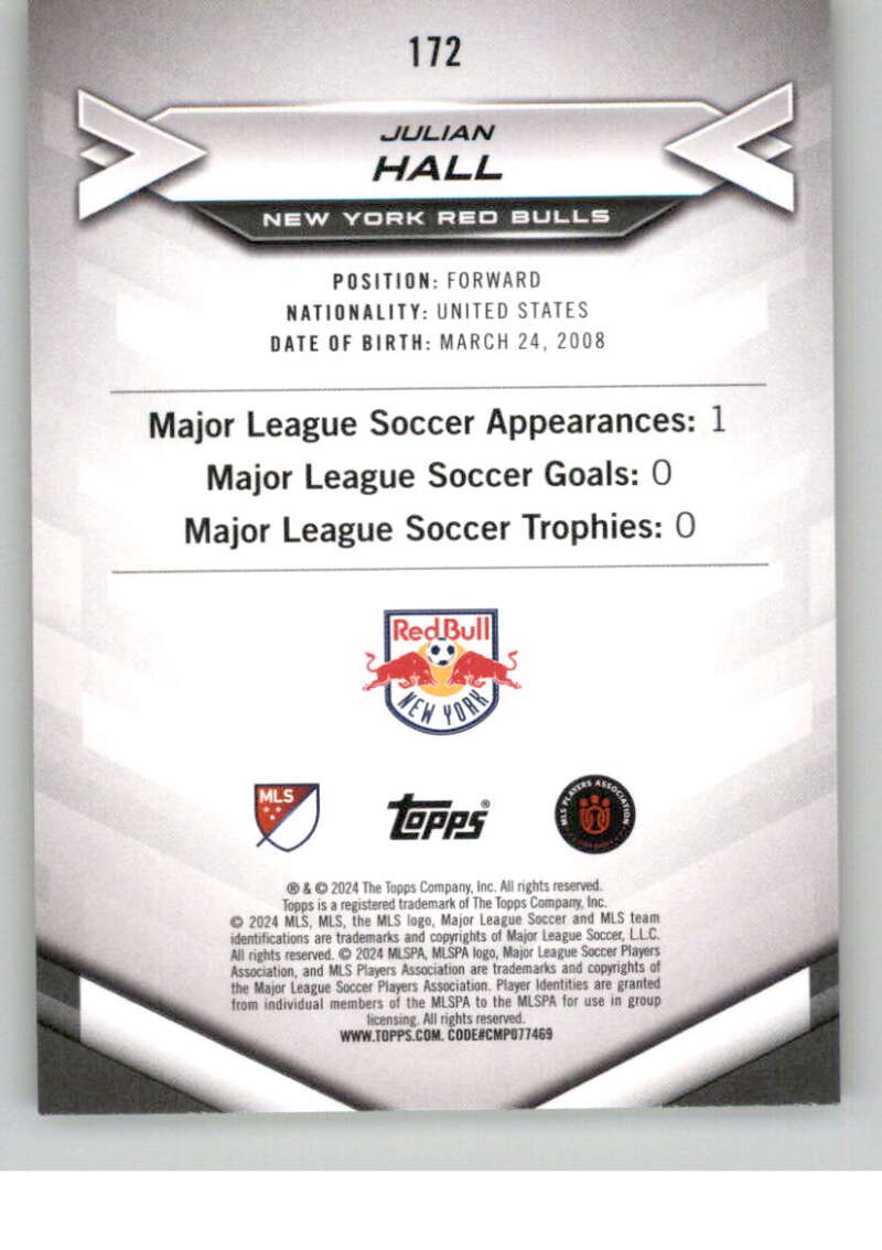 2024 Topps MLS Superstars Common Yellow #172 Julian Hall NM-MT RC Rookie New York Red Bulls Soccer Card