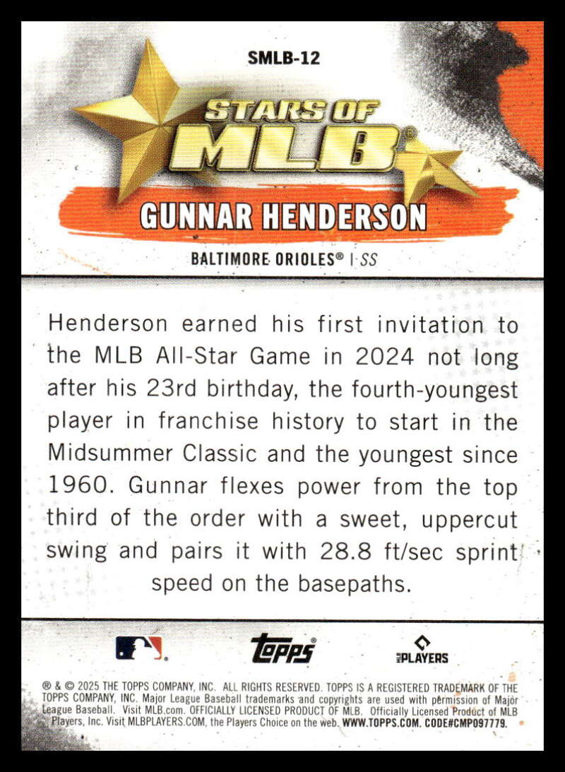 2025 Topps Stars of MLB #SMLB-12 Gunnar Henderson NM-MT Baltimore Orioles Baseball Card Image 2