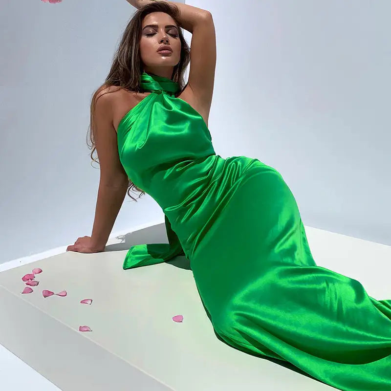 Bright green backless maxi dress gown halter sleeveless for elegant evening wear
