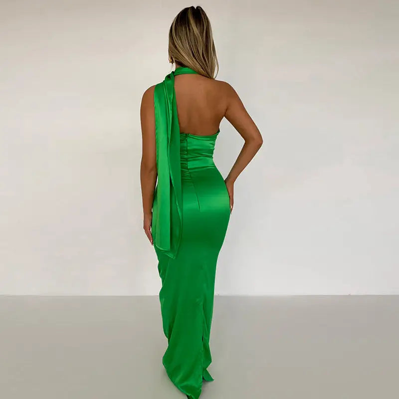 Vibrant green backless maxi dress gown halter sleeveless for elegant occasions