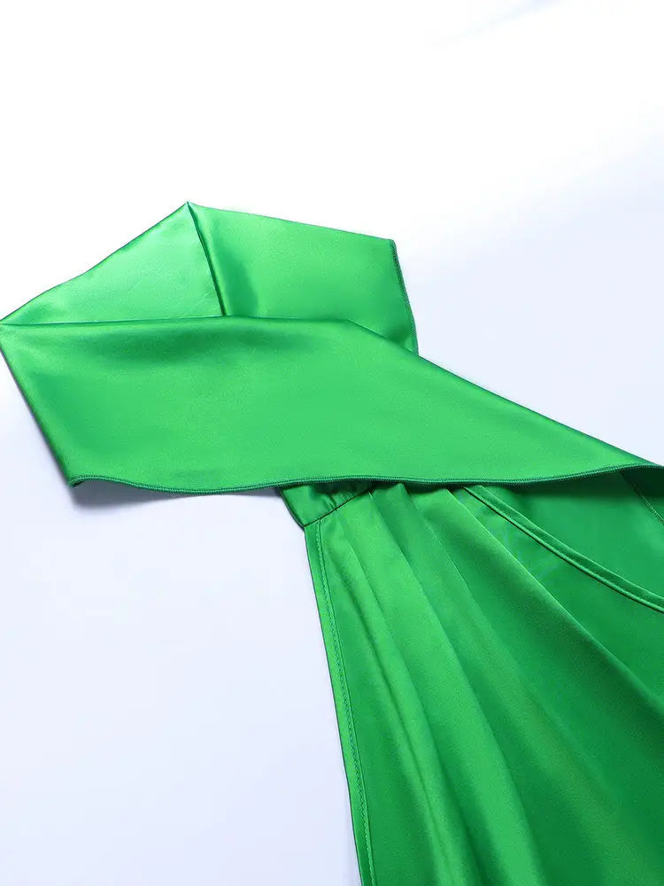Bright green satin backless maxi dress with off-the-shoulder neckline for elegant occasions