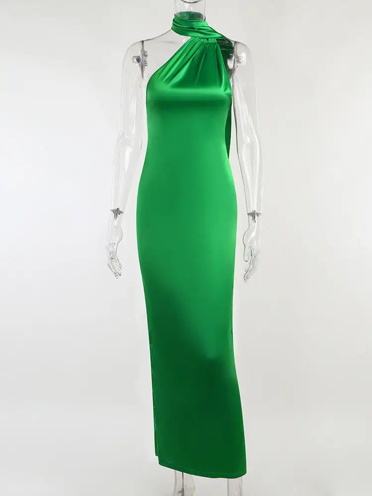 Vibrant green backless maxi dress with high neck and flowing silhouette for elegant occasions