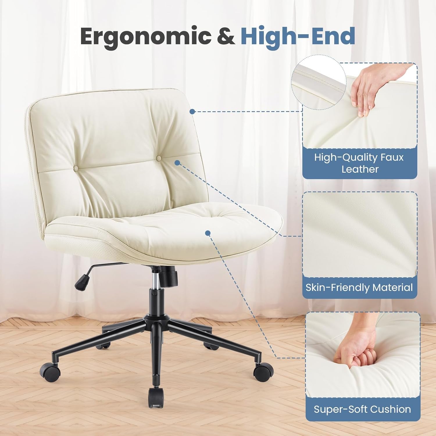 Criss Cross Chair with Wheels, Legged Office Armless Wide Seat, Adjustable Swivel Leather Task Vanity Home Office Desk Seating for Bedroom Dorm Student-4