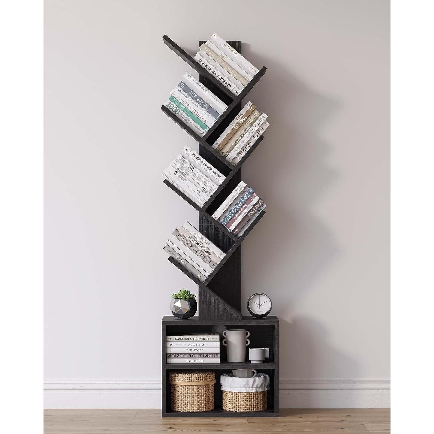6 Tier Tree Bookshelf, Small Bookcase with Storage Cabinet, Modern Narrow Bookshelves Organizer, Floor Standing Book Shelf for Bedroom/Living Room/Home Office/Corner, Black-0