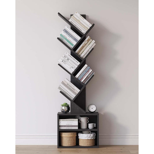 6 Tier Tree Bookshelf, Small Bookcase with Storage Cabinet, Modern Narrow Bookshelves Organizer, Floor Standing Book Shelf for Bedroom/Living Room/Home Office/Corner, Black-0