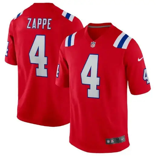 Red England Patriots Nike Bailey Zappe jersey with white number 4 and blue accents