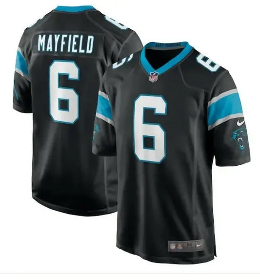 Black NFL football jersey with blue and white accents for Baker Mayfield Panthers Nike Home