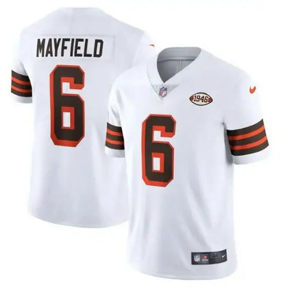 White Baker Mayfield Cleveland Browns Nike 1946 Collection jersey with number 6 and MAYFIELD on back