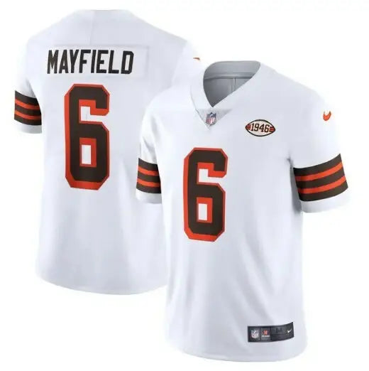 White Baker Mayfield Cleveland Browns Nike 1946 Collection jersey with number 6 and MAYFIELD on back