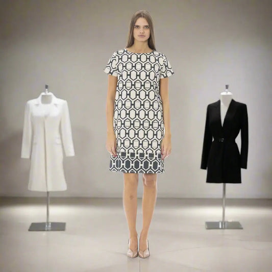 Baldinini Trend black and white graphic print dress with mannequins and nude heels