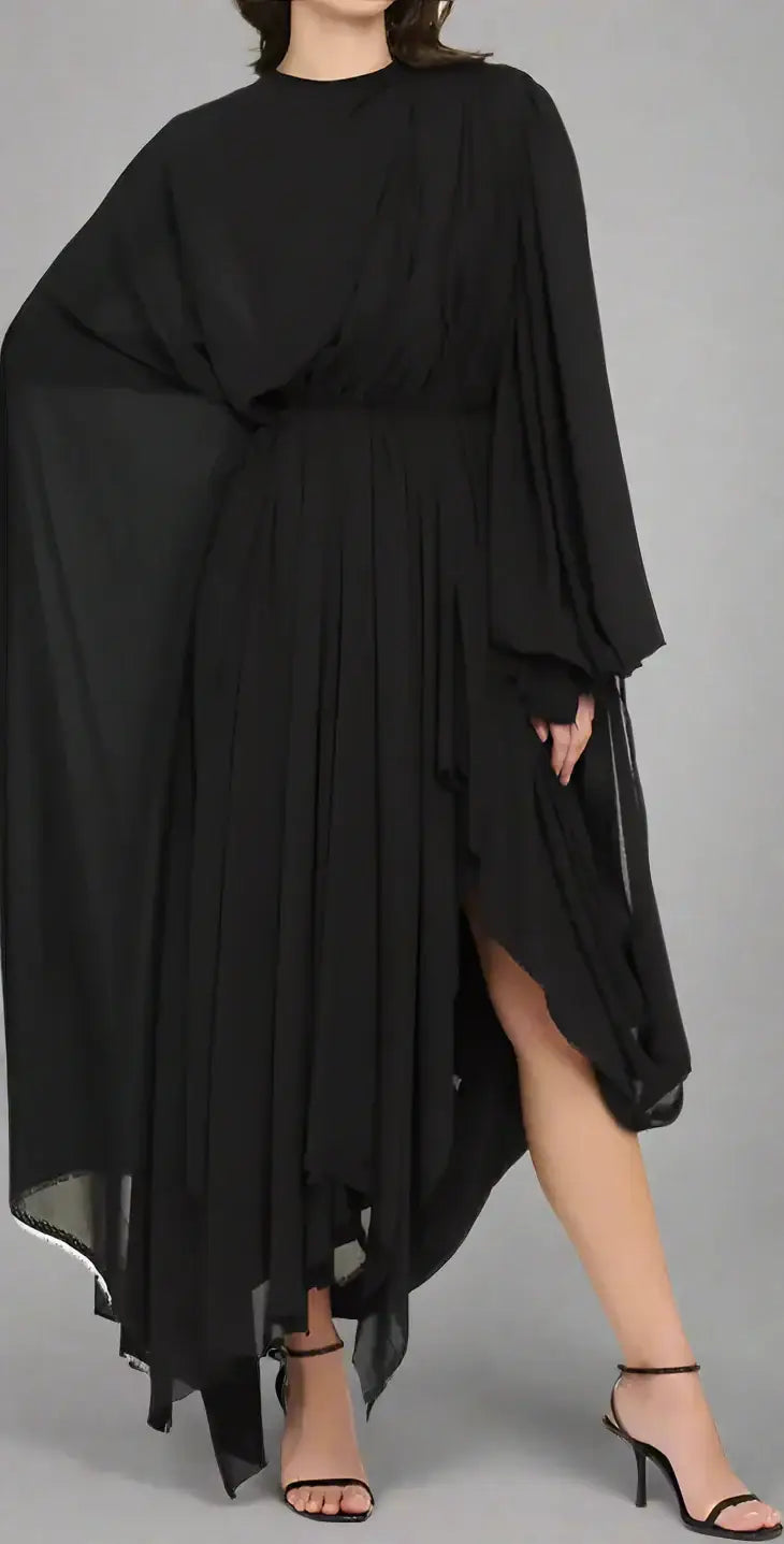 Balenciaga black crepe dress with asymmetric hem, high neckline, wide sleeves, and slit