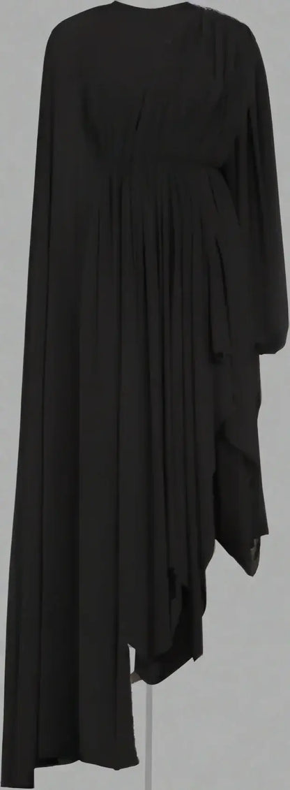 Balenciaga black crepe dress with asymmetric hem, midi-length, draped design, long sleeves