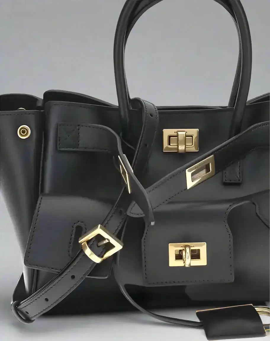 Balenciaga Black Leather Bel Air Mini Handbag with Gold Hardware and Twist Lock