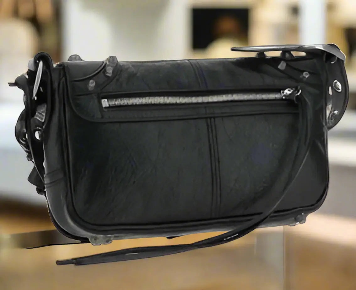 Balenciaga Black Leather Cagole Shoulder Bag with front zipper pocket for stylish carry