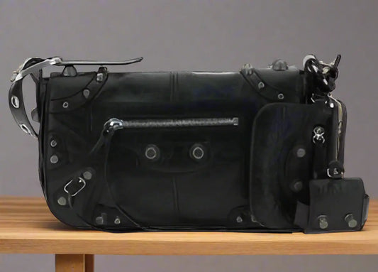 BALENCIAGA BLACK LEATHER CAGOLE SHOULDER BAG with multiple compartments and silver hardware
