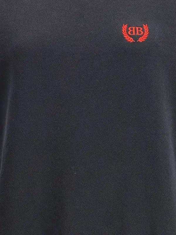 Dark gray long-sleeve sweatshirt dress with red embroidered laurel wreath logo