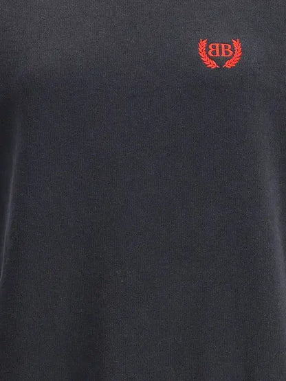 Dark gray long-sleeve sweatshirt dress with red embroidered laurel wreath logo