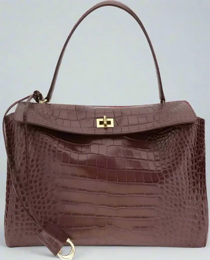Dark brown Croc print leather Rodeo Medium Handbag with top handle and gold-tone hardware