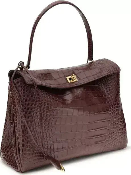 Glossy dark red crocodile-embossed leather BALENCIAGA Rodeo Medium Handbag with gold-tone lock