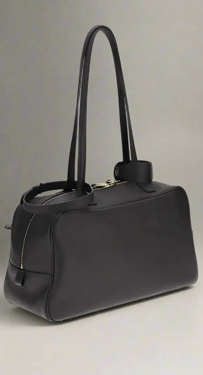 Black leather Balenciaga Carrie Medium Bowling Shoulder Bag with two top handles