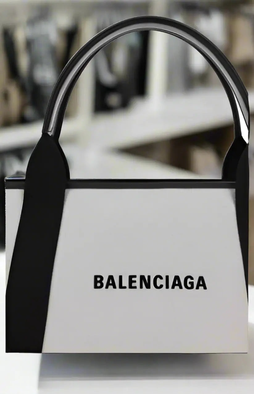 Black and white Balenciaga cotton tote bag with top handles and shoulder strap