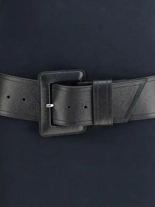 Black leather women’s belt with large rectangular buckle for Balenciaga Navy Blue T-Shirt Dress