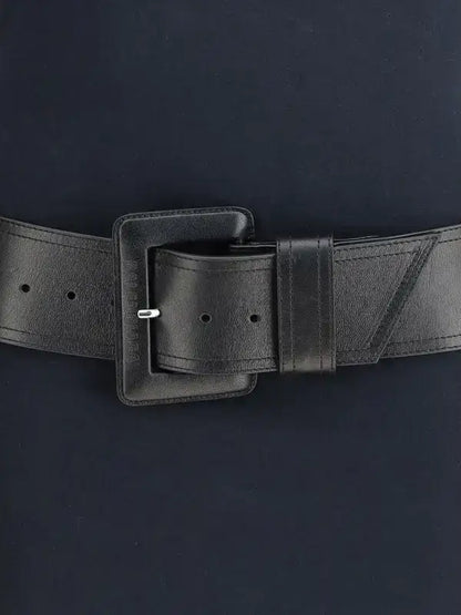 Black leather women’s belt with large rectangular buckle for Balenciaga Navy Blue T-Shirt Dress