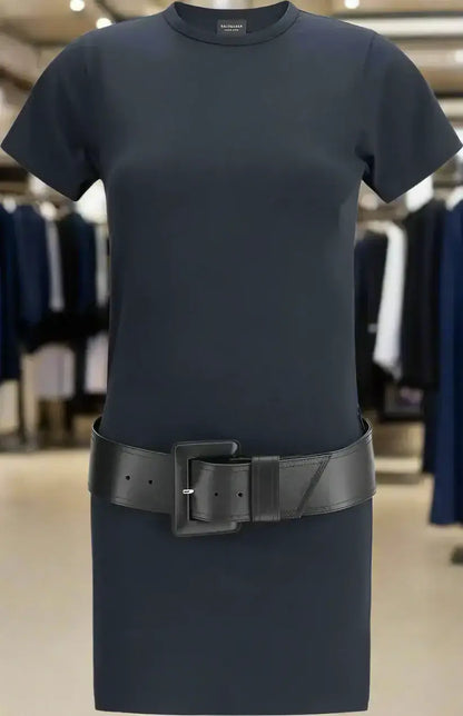 Balenciaga navy blue belted T-Shirt Dress with short sleeves and wide black leather belt