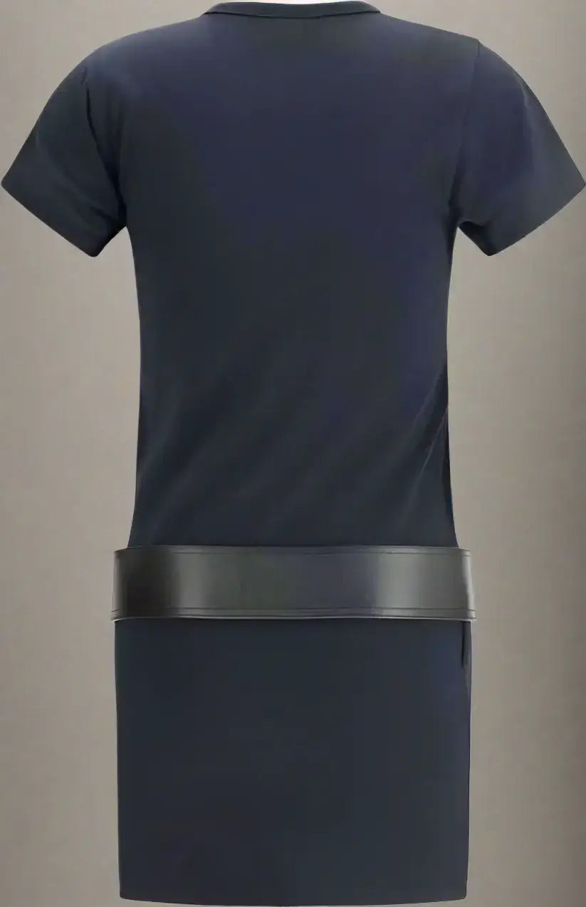 Balenciaga navy blue t-shirt dress with black leather belt and short sleeves