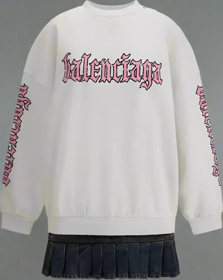 White crewneck sweatshirt dress with pink gothic Balenciaga logo and black pleated mini skirt
