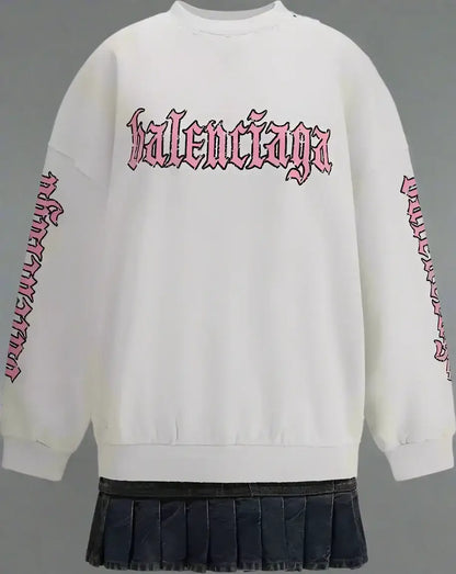 White crewneck sweatshirt dress with pink gothic Balenciaga logo and black pleated mini skirt