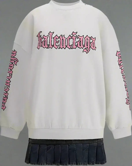 White crewneck sweatshirt dress with pink gothic Balenciaga logo and black pleated mini skirt