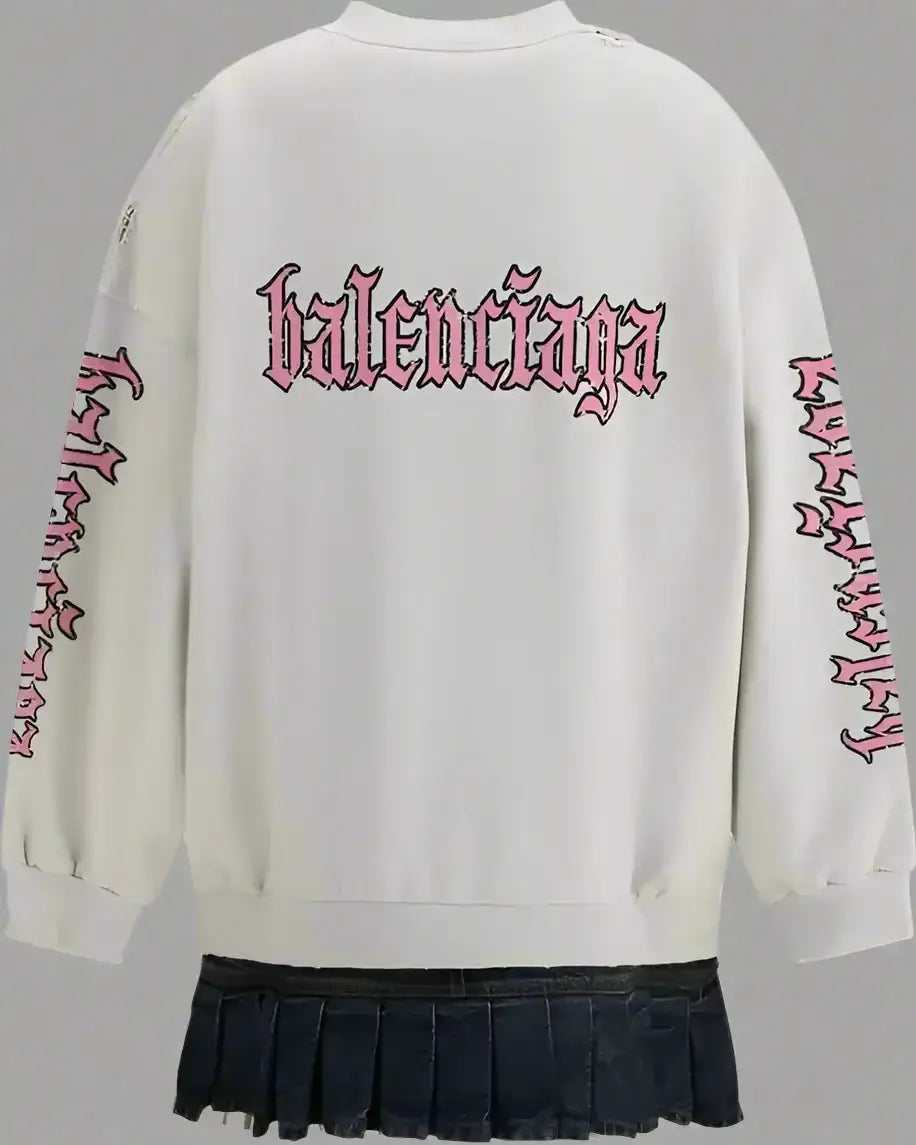 White long-sleeved sweatshirt dress with pink Gothic logo and flame designs over a dark mini skirt