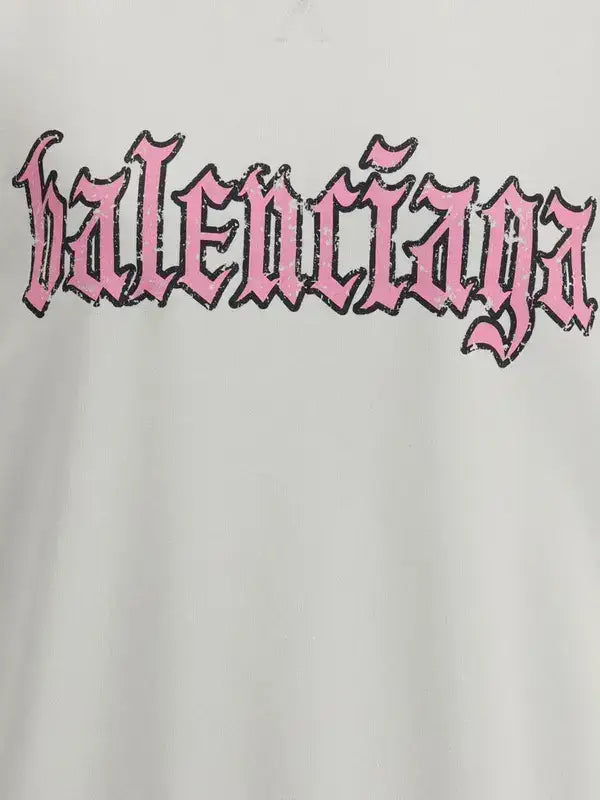 White Balenciaga sweatshirt dress with distressed pink gothic logo