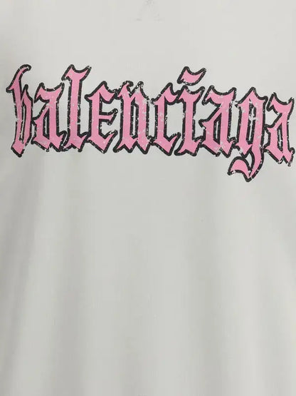 White Balenciaga sweatshirt dress with distressed pink gothic logo