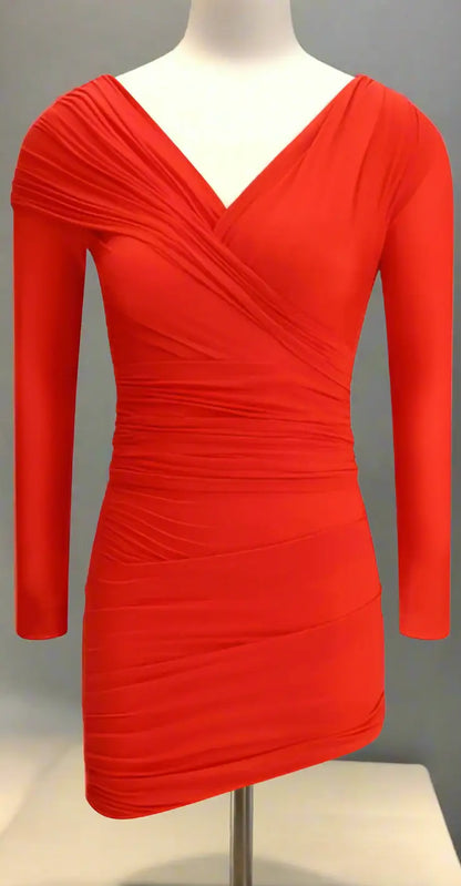 Balenciaga red draped short dress with long sleeves and V-neckline, perfect for stylish occasions