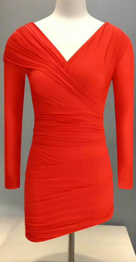 Balenciaga red draped short dress with long sleeves and V-neckline, perfect for stylish occasions